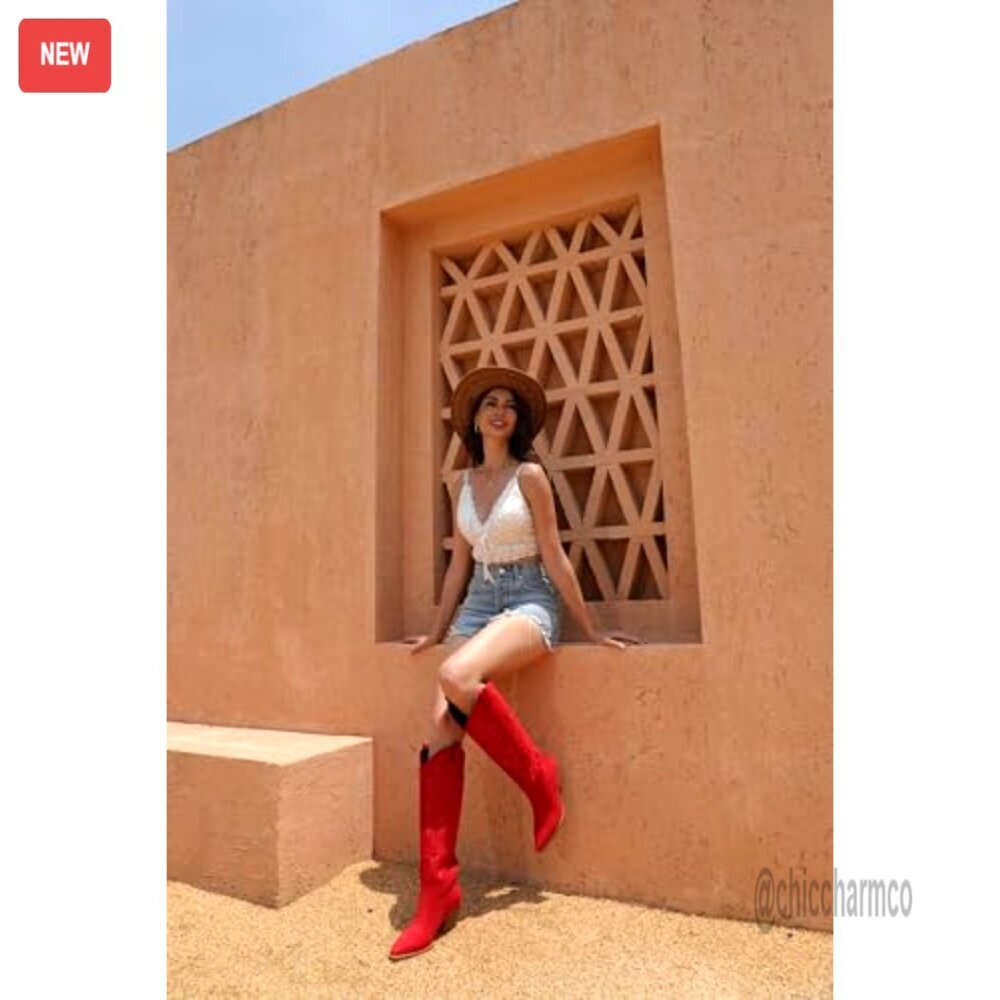 Knee High Cowgirl Boots Pointed Toe Block Heel Suede Faux Leather Embroidered - Picture 3 of 7